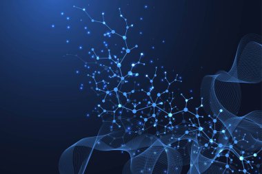 Moleküler yapı arka planı. DNA moleküllü bir duvar kağıdı ya da afiş bilim şablonu. Altıgenli molekül arka planı, dalga akışı. Vektör illüstrasyonu.