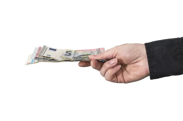 Hand hält Eurogeld über weißem Hintergrund. — Stockfoto