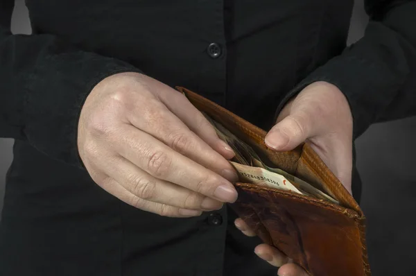 Close up of woman hands with wallet and euro money — Stock Photo, Image