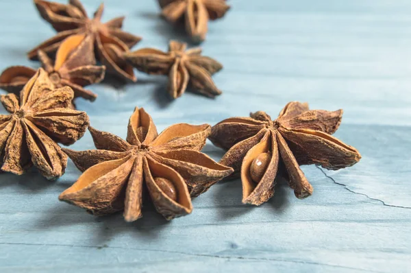 Close-up of Star Anise on Vintage Table. Stock Photo