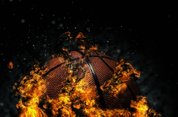 Basketballball auf schwarzem Hintergrund mit Feuer — Stockfoto