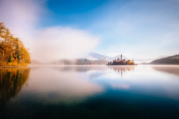 Amazing View Misty Morning Lake Bled Marys Church Assumption Small — Stock fotografie