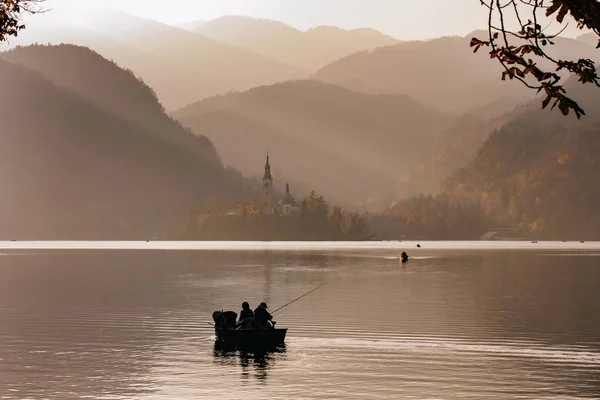 Odpolední Světla Bled Lake Slovinsko Evropa Kostel Martina Pozadí — Stock fotografie
