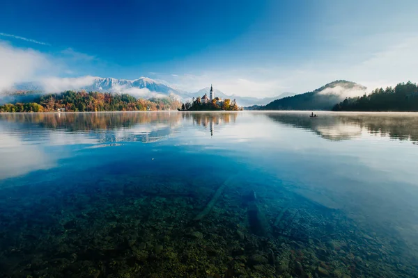 Amazing View Misty Morning Lake Bled Marys Church Assumption Small — Stock fotografie