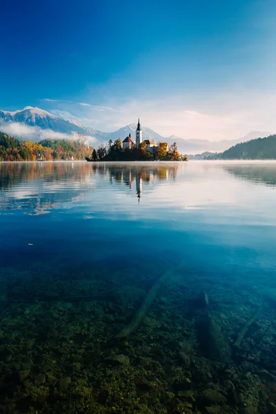 Amazing View Misty Morning Lake Bled Marys Church Assumption Small —  Fotos de Stock