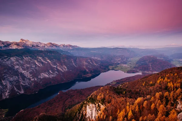 Bohinjer See Von Vogel Sonnenuntergang Triglav Gebirge Und Julianische Alpen — Stockfoto