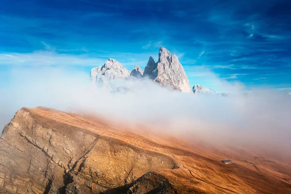 Vista Seceda Montagne Odle Nella Nebbia Sopra Nuvole Incredibile Vista — Foto Stock