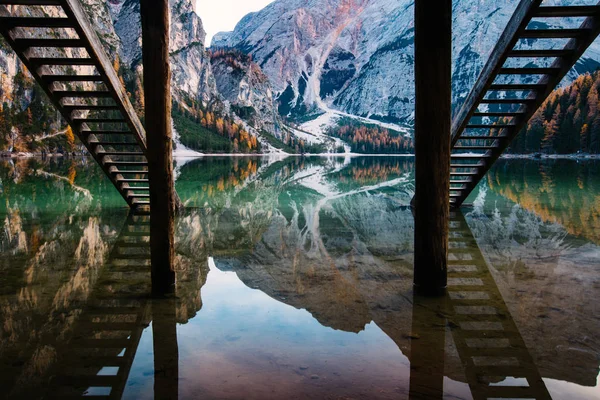 Vue Imprenable Sur Lac Braies Pragser Wildsee Beau Lac Tirol — Photo