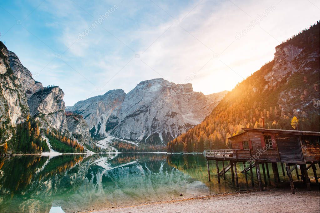 Amazing view of Lago di Braies (Pragser Wildsee), most beautiful lake in South Tirol, Dolomites mountains, Italy. Popular tourist attraction. Beautiful Europe.