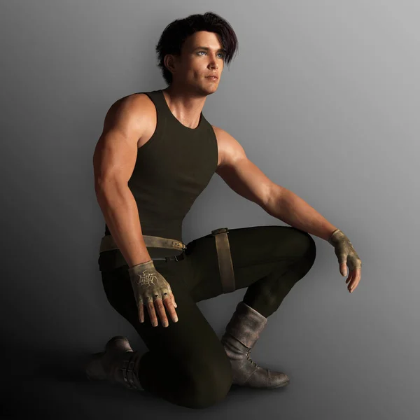 Urban Warrior Man Kneeling 3d Illustration — Stock Photo, Image