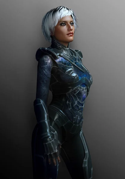 Beautiful Woman Space Warrior In Armor — Stock Photo, Image