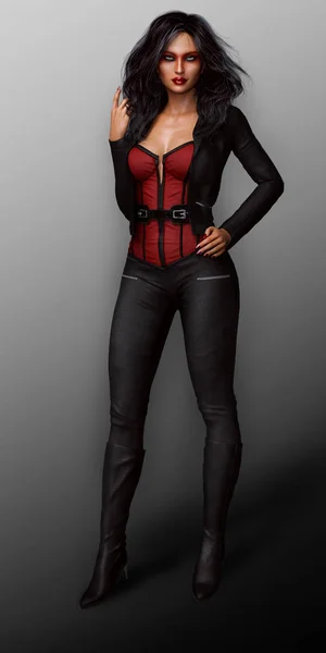 Mulher Vigilante escuro em couro vermelho e preto — Fotografia de Stock