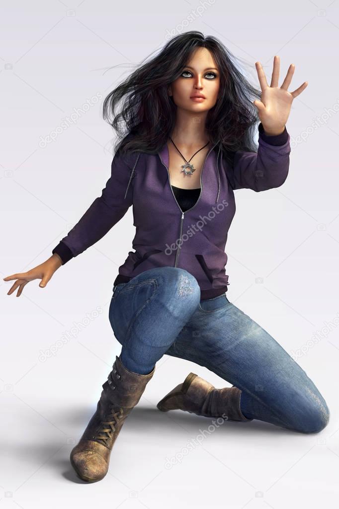 Beautiful Girl  in Hoodie  and Jeans  Crouching or Fighting 