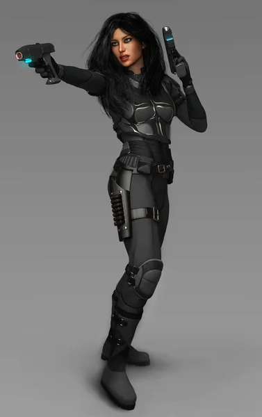 Space Cop Woman in Black Leather Armor Shooting Blasters — Stock Photo, Image