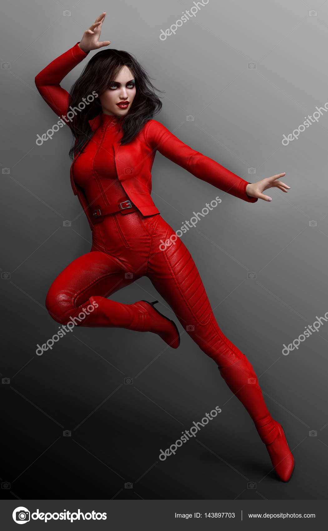 Superhelden-sexy Frau in rotem Leder mit schwarzen Haaren — Stockfoto