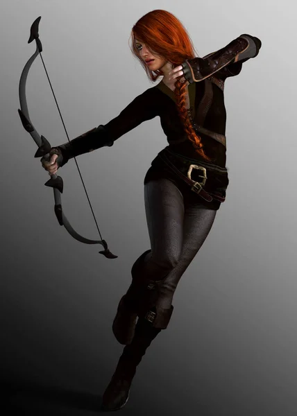 Mujer hermosa fantasía arquero o guardabosques con arco — Foto de Stock