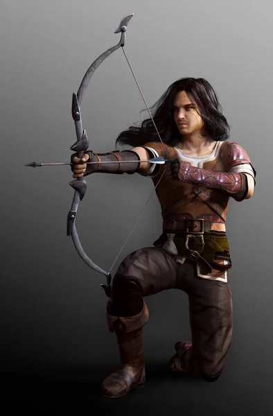 Arqueiro de fantasia masculino ou caçador com arco — Fotografia de Stock