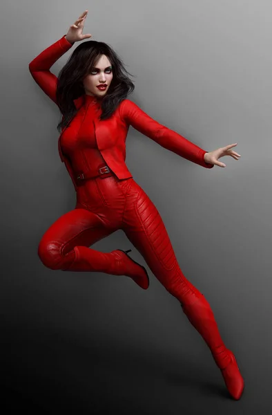 Sexy Super Hero Woman in Red Leather with Black Hair — Stock Photo, Image