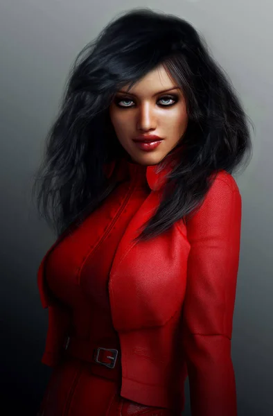 Sexiga superhjälte kvinna i rött läder med svart hår — Stockfoto