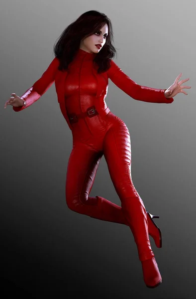 Sexy Super Hero Woman in Red Leather with Black Hair — Stock Photo, Image