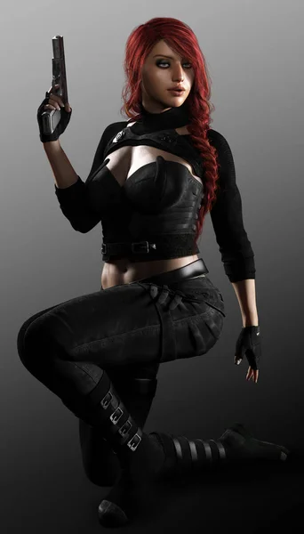 Beautiful Warrior in Black Armor with Red Hair — Stock Photo, Image
