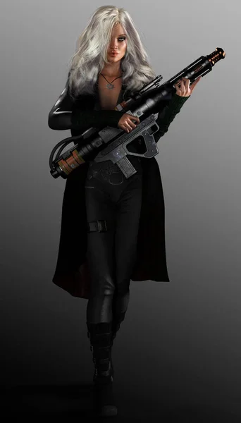 Sci Fi Gunner, Futuristic Woman with Plasma Gun — Stok Foto