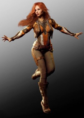 Güzel Steampunk zeplin Pilot orta sıçrama Kızıl saçlı