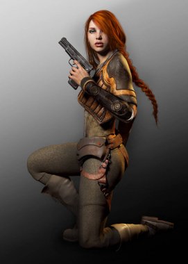 Güzel Steampunk zeplin Pilot silah ile Kızıl saçlı