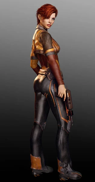 Güzel Steampunk zeplin Pilot silah ile Kızıl saçlı