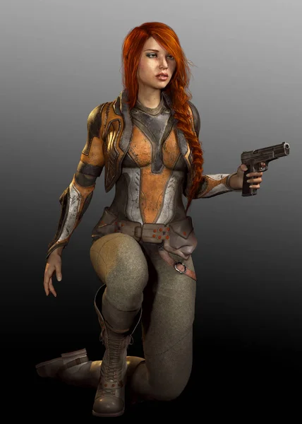 Beautiful Steampunk Airship Pilot with Red Hair with Gun — Stock Photo, Image