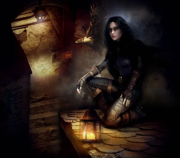 Kobiece złodziej lub Assassin powyżej ciemny zaułek — Zdjęcie stockowe