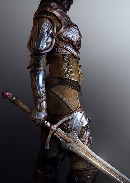 Knight in Fantasy Medieval Plate and Leather Armor, Closeup