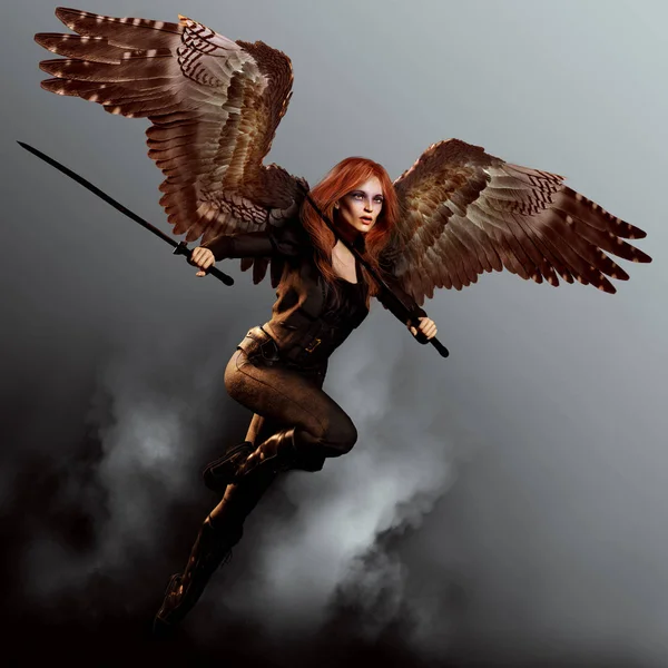 Avenging Angel with Swords and Red Hair — Stock Photo, Image