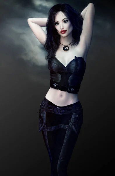 Сексуальная женщина-вампир в чёрной коже — стоковое фото