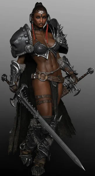 野蛮人战士女人女王与剑盔甲 — 图库照片