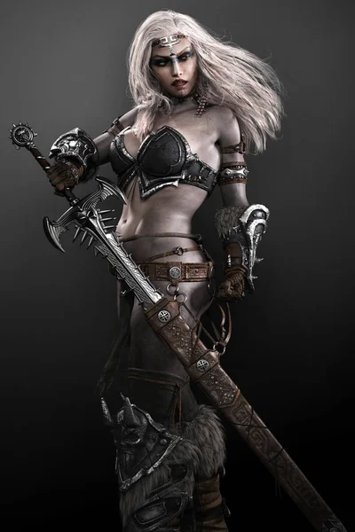 Barbarský válečník čarodějnice žena v brnění s mečem — Stock fotografie