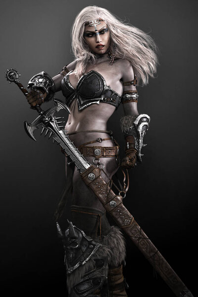 Barbarian Warrior Witch Woman in Armor with Sword