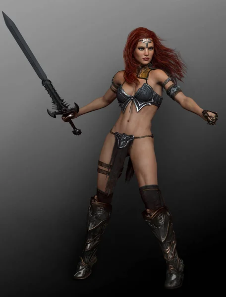 Barbaren Kriegerin Frau in Rüstung mit Schwert — Stockfoto