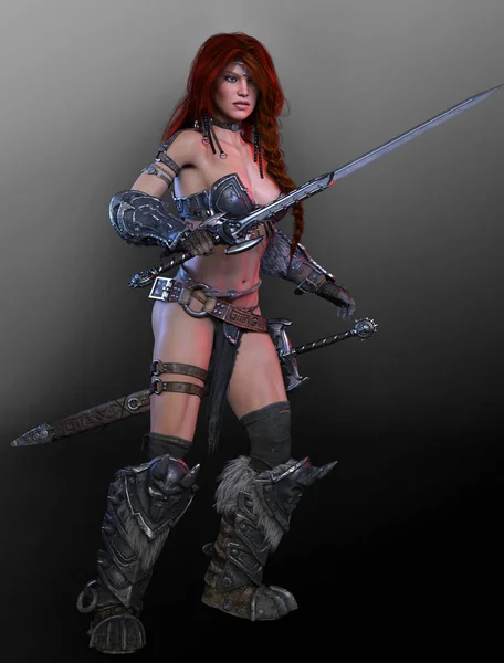 Barbarian Warrior Woman in Armor with Sword — Stock Photo, Image