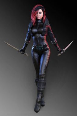 Sci Fi kız Assassin siyah deri CGI çizimde