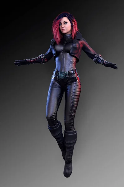 Sci-Fi-Girl Assassin in schwarzem Leder CGI Illustration — Stockfoto