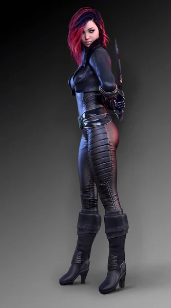 Sci-Fi-Girl Assassin in schwarzem Leder CGI Illustration — Stockfoto