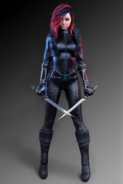 Sci Fi kız Assassin siyah deri CGI çizimde