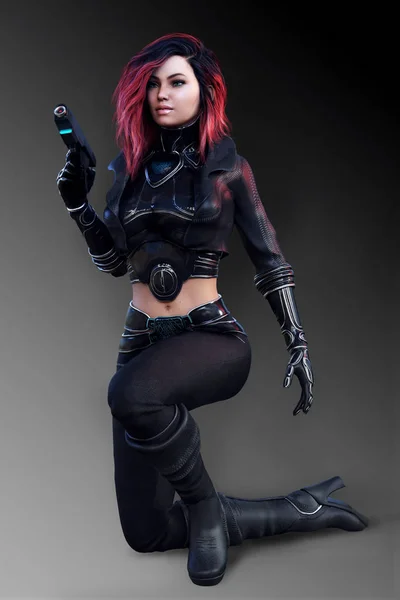 Sci Fi kız Assassin siyah deri CGI çizimde — Stok fotoğraf