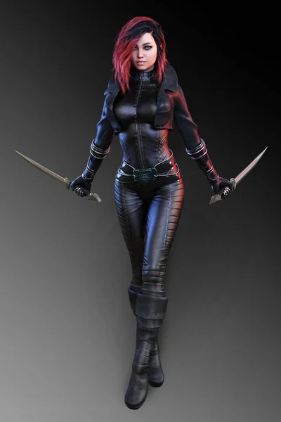 Sci Fi Girl Assassin in Black Leather CGI Illustration — Stock Photo, Image