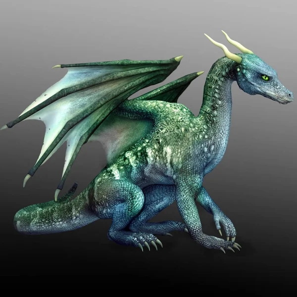 Dragon Fantaisie Cgi Assis Avec Ailes Bleu Vert — Photo