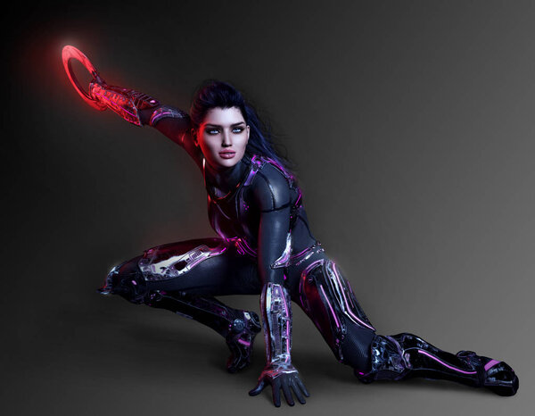 Sexy Sci Fi Assassin Woman in Black Leather with Cyber Ring Weapon