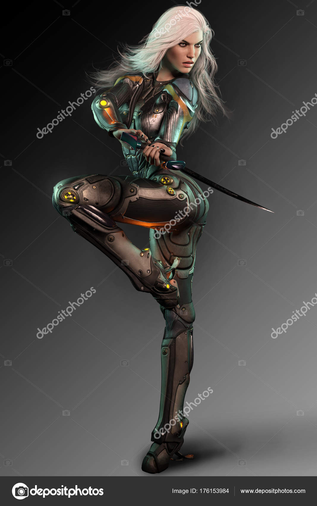 Assassin L'espace Femme Guerrière Science Fiction Avec Cheveux Blancs Épée  — Photo de stock par ©Ravven - 176153984, image size:1067x1700