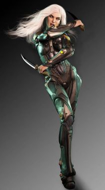 Uzay Assassin veya Sci Fi savaşçı kadını beyaz saçlı ve Hançerler