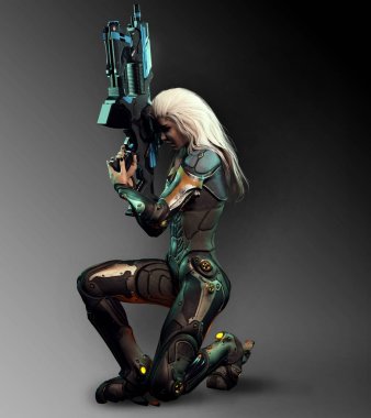 Uzay Assassin veya Sci Fi savaşçı kadını beyaz saç ve tüfek